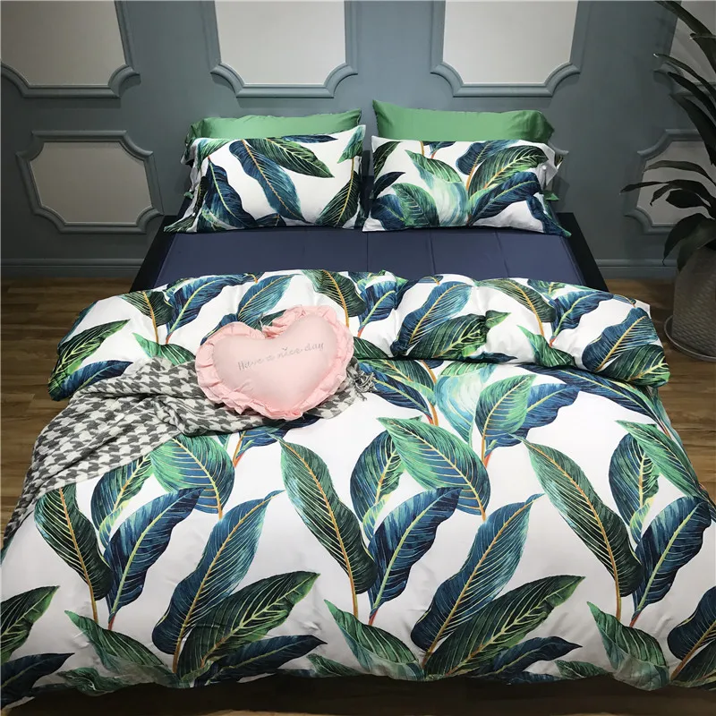 

60S Egyptian Cotton Luxury Bedding Sets Soft Bedclothes King Queen size Leaf print Duvet Cover Bed Sheet Linens set Pillowcase