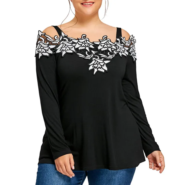 Women Autumn Winter Blouses Embroidered Cold Shoulder Long Sleeve Tops Tee Shirt Womens ClothinG
