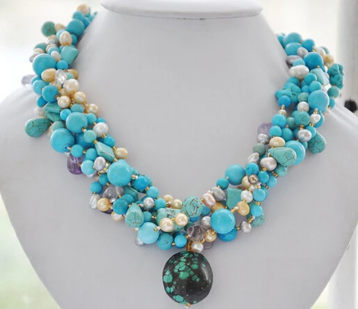 

ddh002961 6strands blue turquoise amethyst yellow pearl necklace