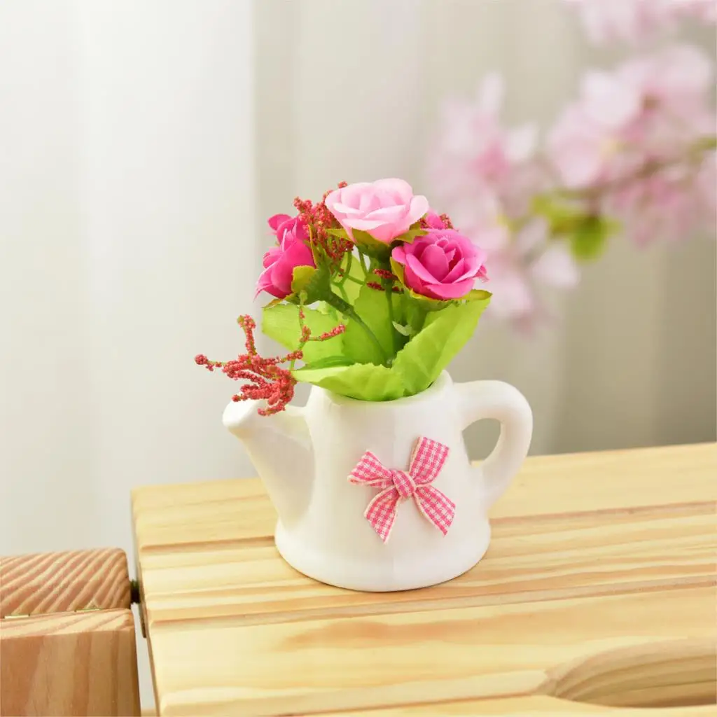 Beautiful Rose Artificial Flower Rose+Ceramic Pot Vase Mini Bonsai for Living Room Garden Decoration Farmhouse Decor Fake Flower