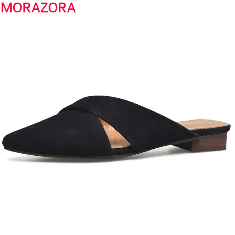 MORAZORA 2018 new arrive women slippers top quality suede leather summer shoes elegant pointed toe fashion party mules shoes