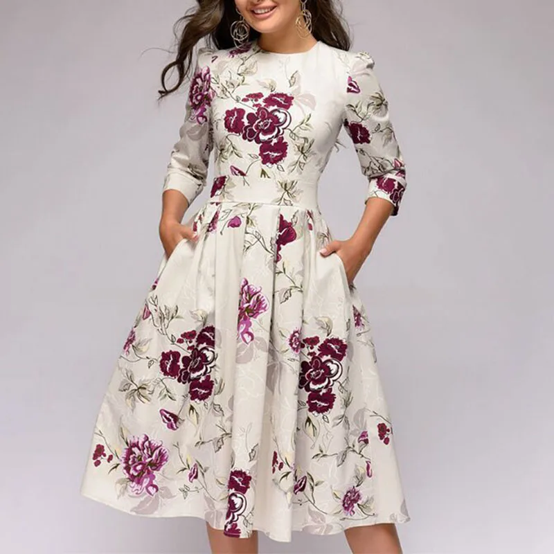White Осень-зима, длинное женское платье, vestido, Формальное, повседневное, круглый вырез, рукав три четверти, вечерние, Ретро стиль, цветочный принт, элегантное женское платье - Цвет: White