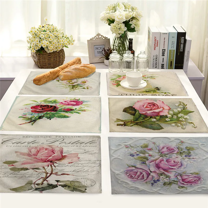 Vintage Plant Dining Placemat Table Mats Flower Rose Series Cotton Linen Material Kitchen Home