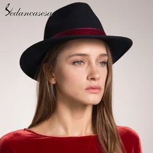 Sedancasesa Весна Англия Стиль винтажная Женская Мужская шляпа Федора фетровые шапки с красной лентой черные женские шерстяные фетровые шляпы