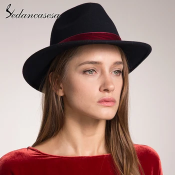 

Sedancasesa Spring England Style Vintage Woman Mens Fedora Hat Felt Caps With Red Band Wholesale Black Women Wool Felt Hats