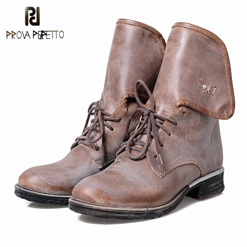 

Prova Perfetto Retro Design Fashion High Tongue Of Shoes Round Toe Woman Ankle Boots Cow Genuine Leather Low Heel Lace Up Boots