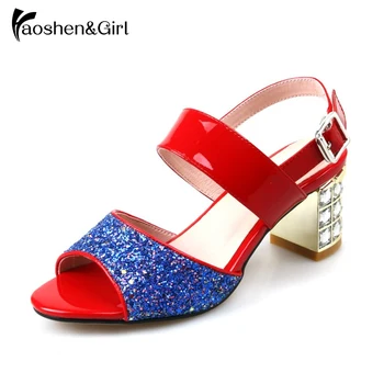 

Haoshen&Girl Shoes Women Sandals Ankle Strap High Heels Sandal Rhinestone Ladies Sandals Peep Open Toe Footwear Big Size 30-45