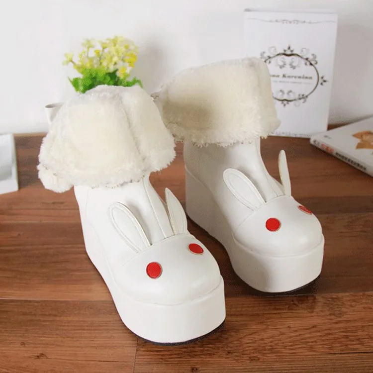 Зимняя женская обувь в стиле Лолиты; обувь для костюмированной вечеринки с кроликом; женские бархатные ботинки из искусственной кожи на танкетке; обувь принцессы на платформе