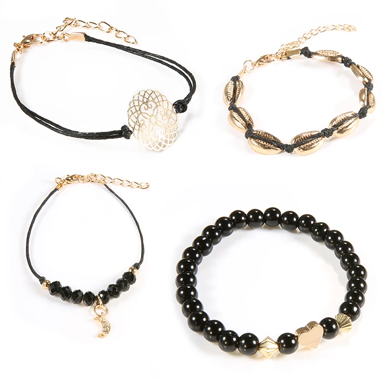 Высокое качество женский золотой цветной Многослойный черный браслет-веревочка набор для женщин девочек раковина Луна полые панковские геометрические браслеты