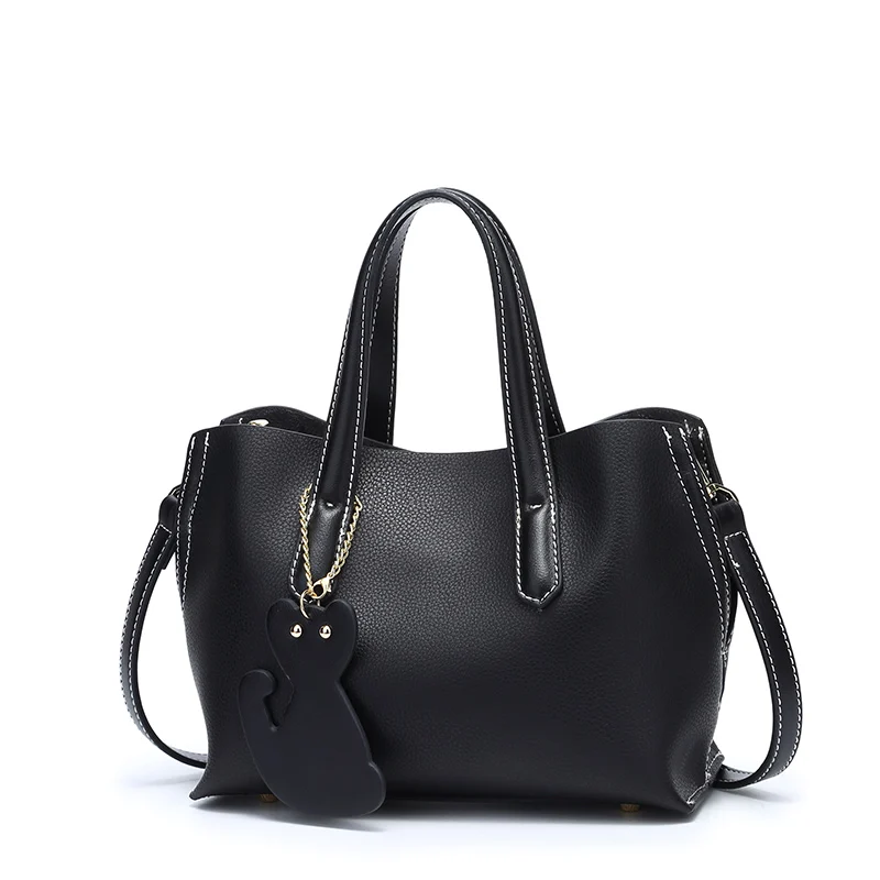 DOODOO женская сумка-тоут, женская сумка через плечо, женская сумка из искусственной кожи, маленькая сумка-мессенджер с подвеской в виде котенка с верхней ручкой - Цвет: Black