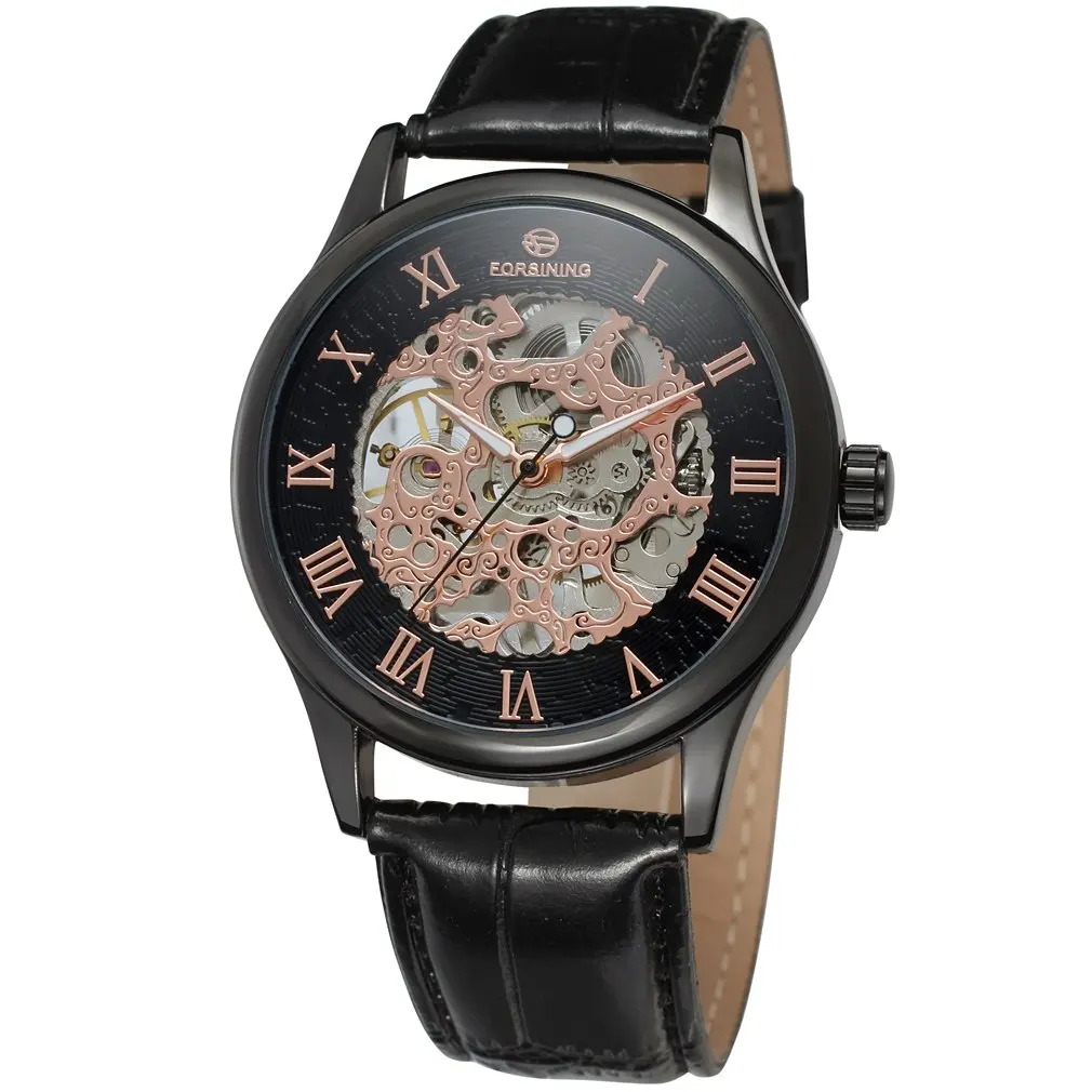 Top Brand Luxury Forsining Roman Black Gold Design Men Skeleton Watch Mechanical Wristwatch Male