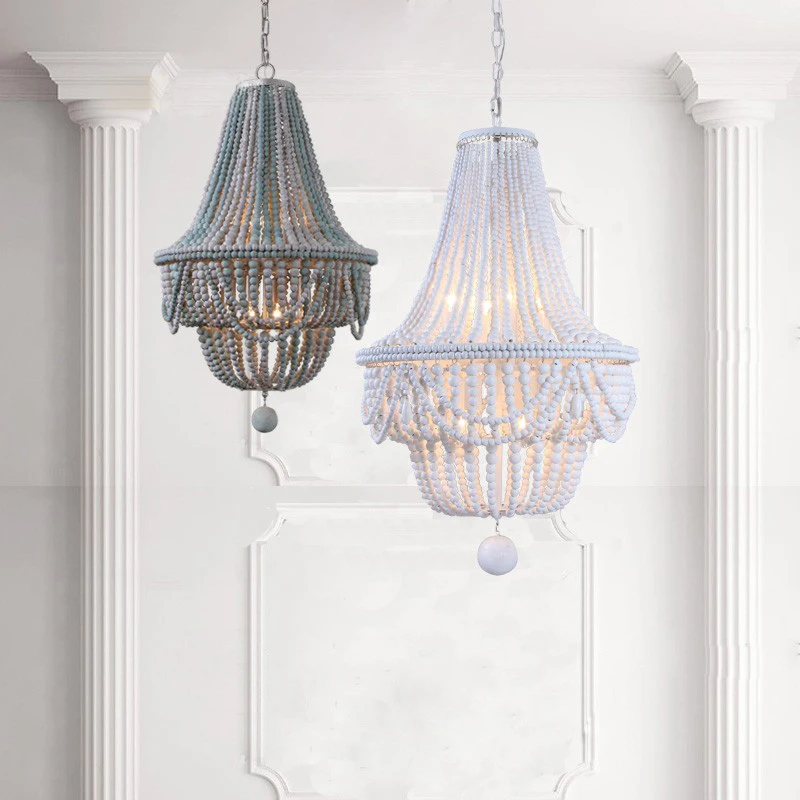 

American country living room chandelier bedroom children's princess room duplex restaurant double layer wood beads chandeliers