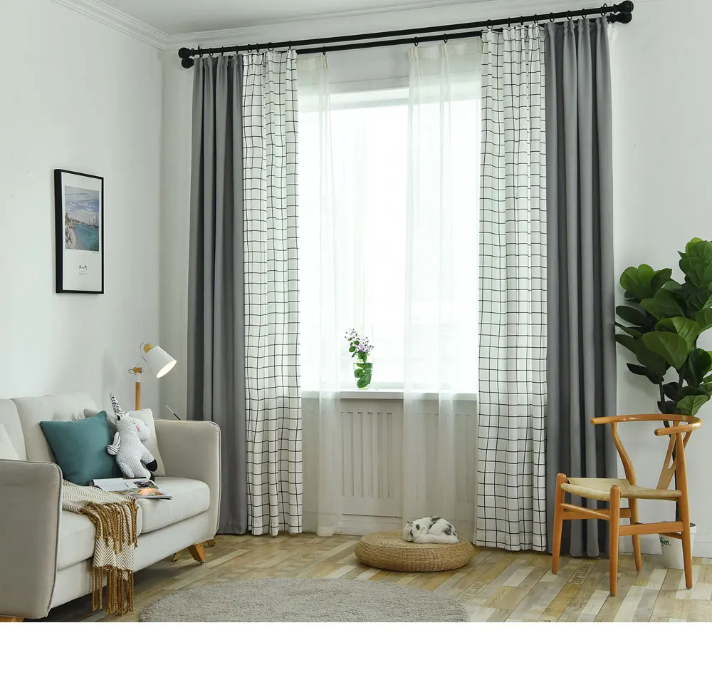 LOZUJOJU Stitching plain drops simple grey color for living room bedroom windows pastoral design curtains matching tulle fabric (1)