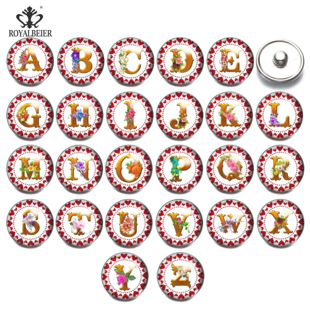 ROYALBEIER 26pcs/lot High Quality A-Z Letters Alphabet Snap Jewelry 18/20mm Glass Snap Button Fit Snap Bracelet Mixed Wholesale