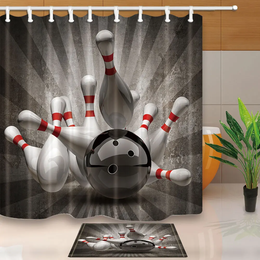 

Creative Design Shower Curtains Bowling Bathroom Curtain Polyester Fabric Waterproof Mildew Proof with 12 Plastic Hooks Washable