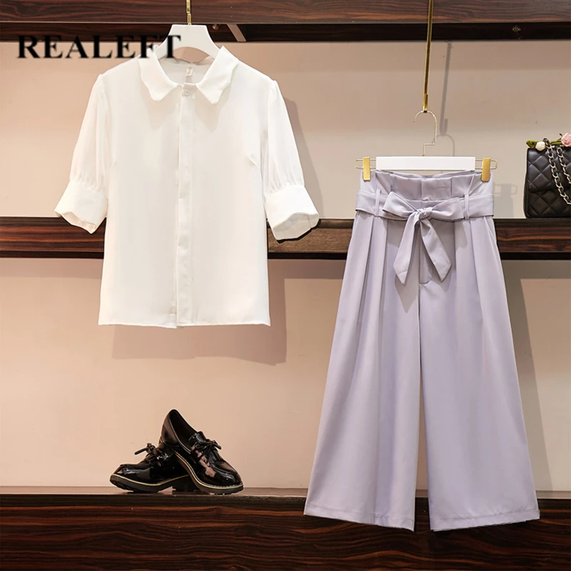 

REALEFT New Arrival Elegant Women Clothing Sets Suits Half Sleeve White Shirts And Casual High Waist Belt Pants for Ladies