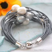 15 brins 13 мм riz Блан браслет с жемчугом кожаный gris 8 polegada