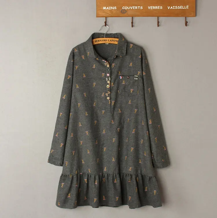 

mori girl Art Deer print hem ruffled vintage cotton Color button dress 2019 8287