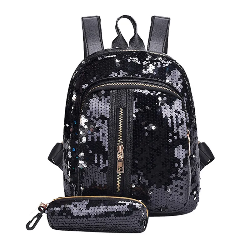 Black Комплект из 2 предметов, Модный женский Блестящий рюкзак с блестками, шикарные ученические рюкзаки, дорожная школьная сумка на плечо с пеналом, клатч#40 - Цвет: Black