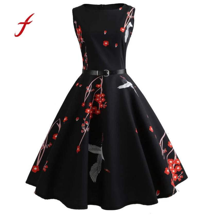 

Feitong Summer 2018 vintage bodycon floral dress Women elegant off shoulder evening party dress Ladies sleeveless black dresses