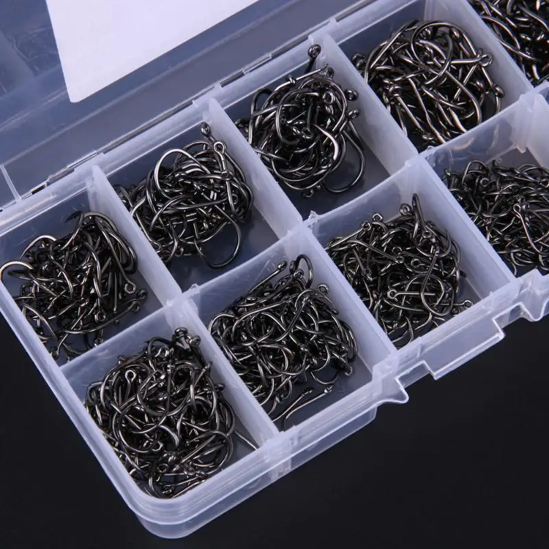 200/500/600pcs Рыболовный крючок рыбацкие Крючки с отверстием, рыболовные принадлежности для ловли нахлыстом коробка углерода Сталь Крючки рыболовные приманки рыболовные снасти