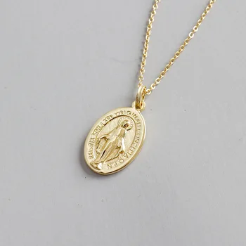 

Authentic 925 Sterling silver Golds Virgin Mary /goddess /Holy Mother Oval Coin Pendant necklace Fine Jewelry Women's TLx345