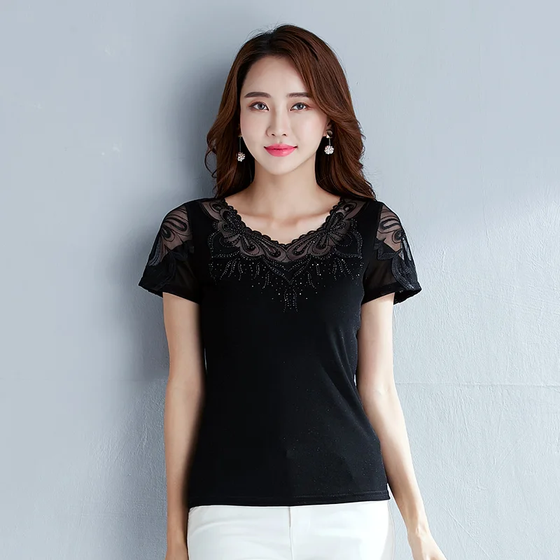 بلوزة قميص القادمون الجدد 2019 الصيف قصير كم بلوزات من الدانتيل أنيقة ضئيلة شبكة قميص زائد حجم النساء قمم و البلوزات