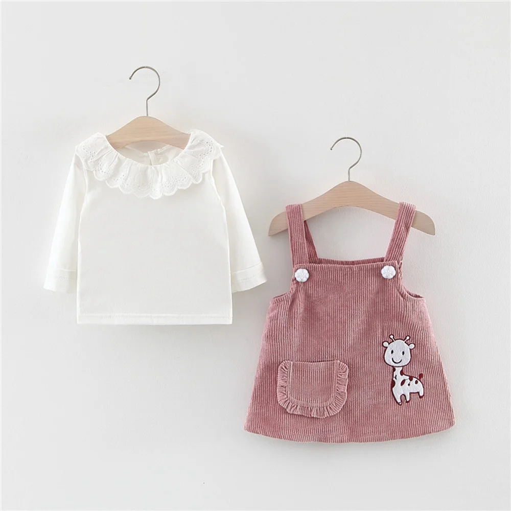 

2019 Autumn Baby Girl Princess Clothes Set Girls Kids Long Sleeve T-shirt Tops+Cartoon Giraffe Overalls Dress 2pcs Suit S9107