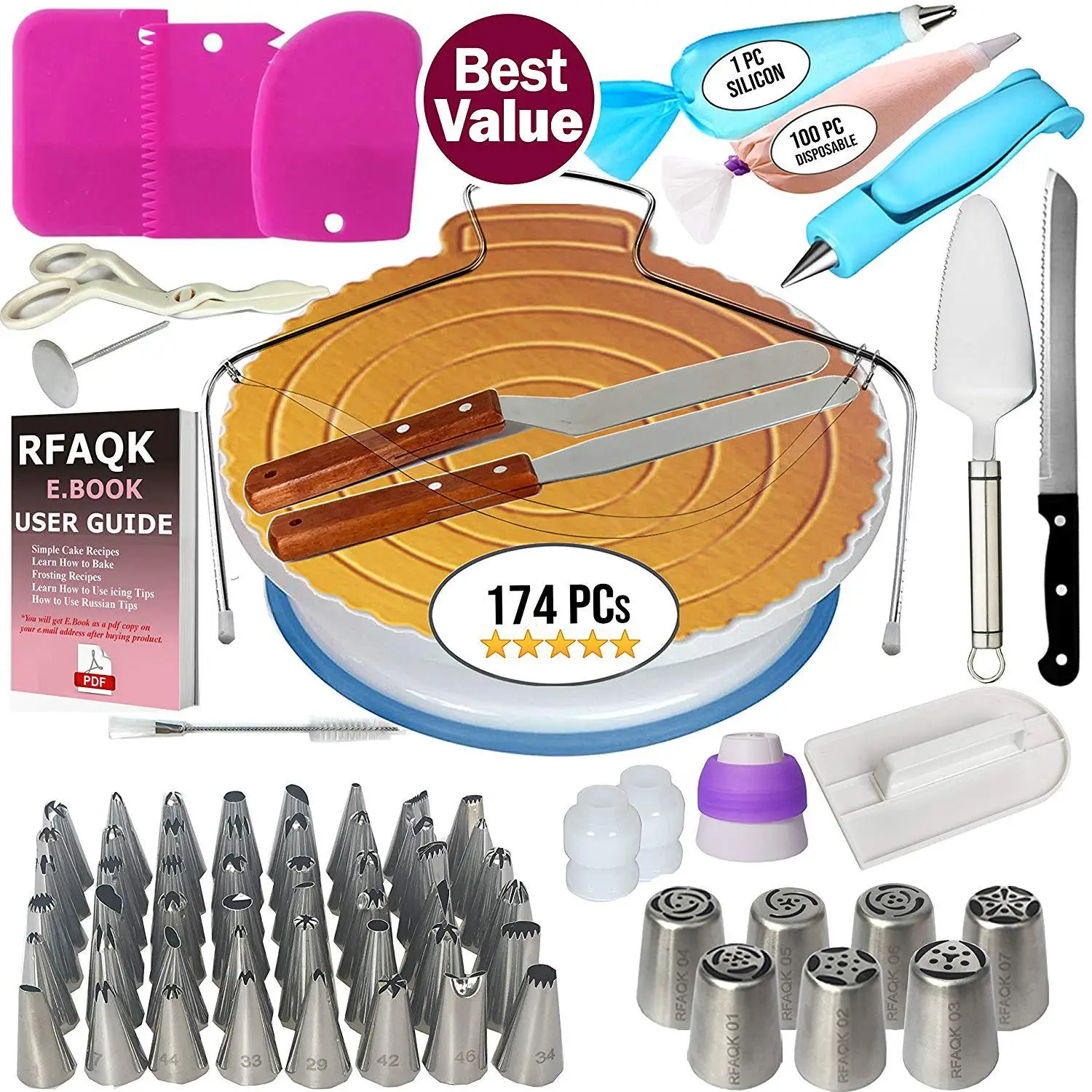 

Cake Decorating Tools Kit Icing Tips Turntable Pastry Bags Couplers Cream Nozzle Baking Tools Set for Cupcakes Cookies
