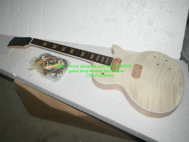 Cheap Custom Shop Mahogany Body one piece mahogany neck Unfinished Electric Guitar Kit With Flamed Maple Top with hardware