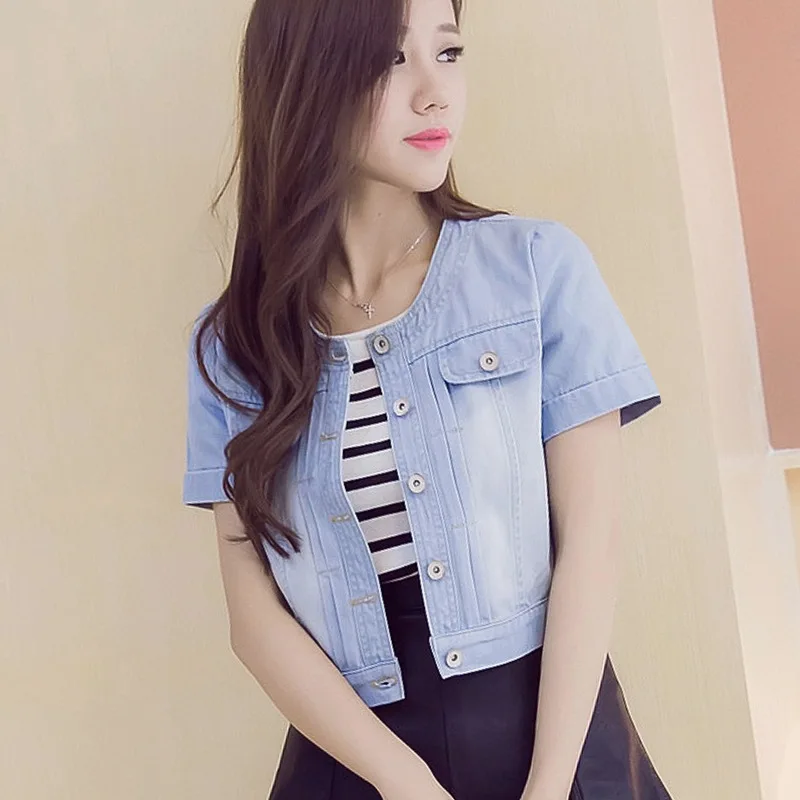 

Spring Autumn 2019 Women Jacket Short Sleeve Coat Denim Jackets Slim Lady Single Breasted Casual Female Tops Streetwear