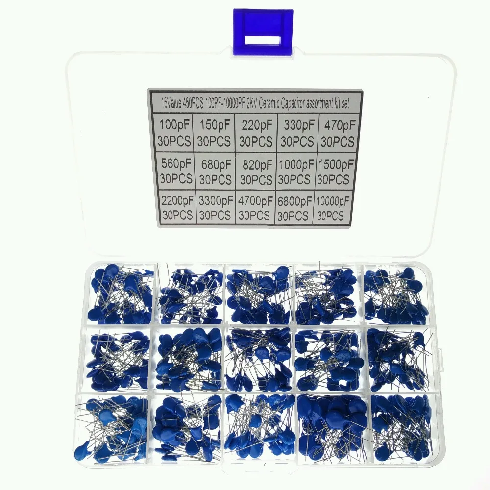 

15 Values 450pcs 100pF~10000pF 2200pF 3300pF 4700pF 6800pF 2KV Ceramic Capacitor Assortment Kit Set