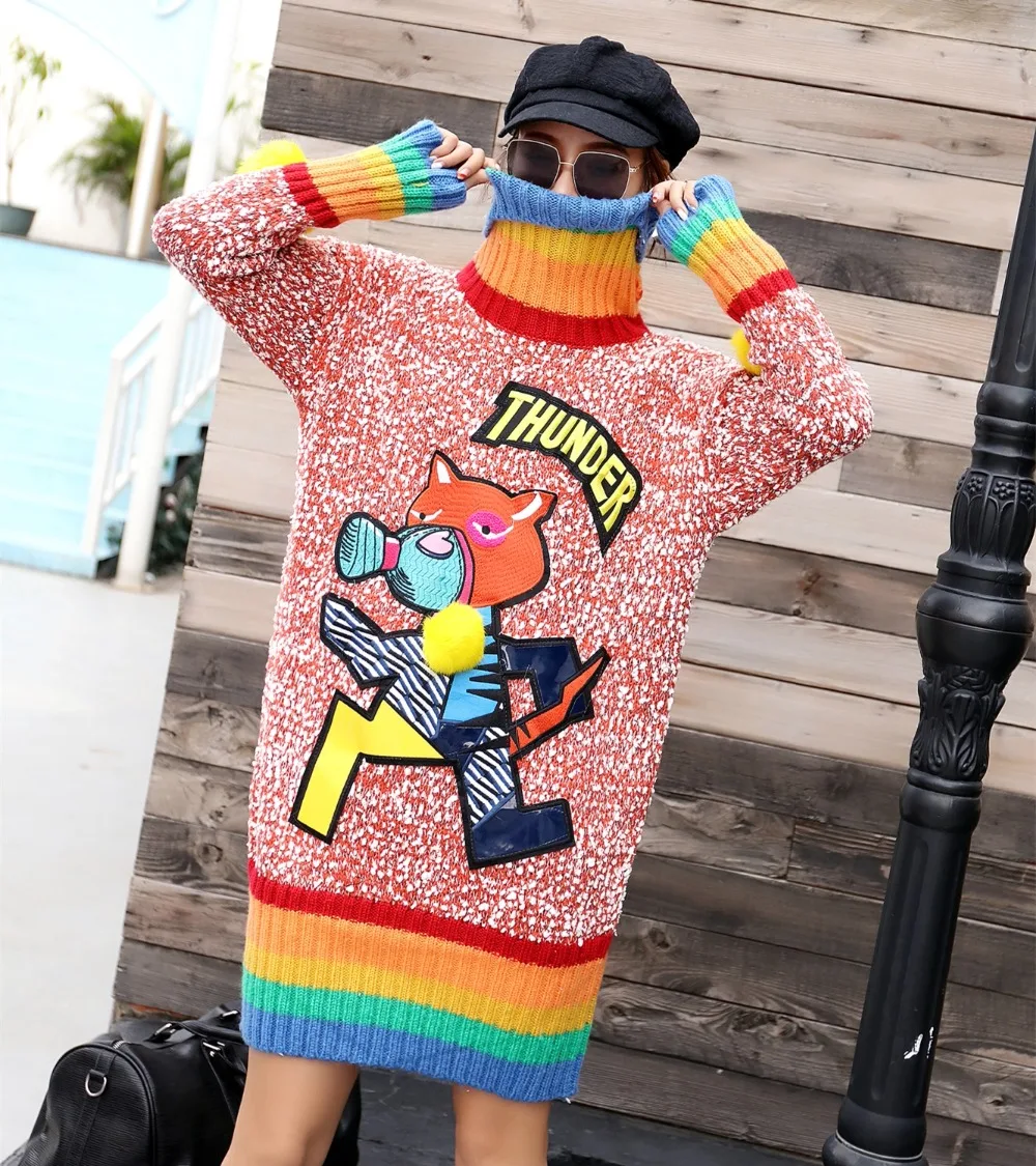 

MUMUZI European warm turtleneck sweater lazy wind sweater women's head rainbow color matching long style red sweater sweate