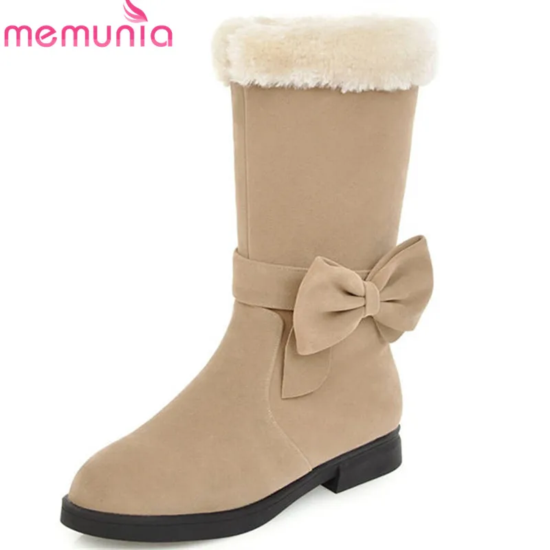 

MEMUNIA 2018 keep warm winter snow boots round toe mid calf boots zipper bowknot comfortable ladies boots low heels shoes woman