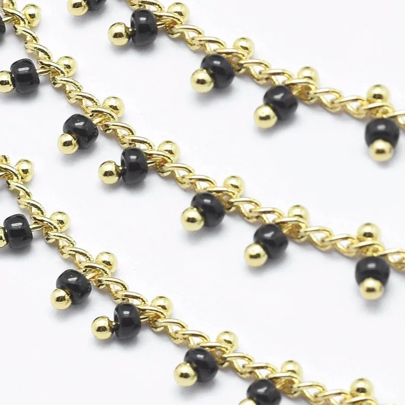 10 мм/рулон 6x2 мм ручной работы стеклянные бисерные цепи, с катушкой, латунная цепь, настоящее позолоченное, долговечное покрытие, цепь: около 2 мм F60 - Color: Black
