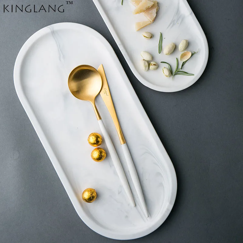 

Best buy KINGLANG oval shape white marble fish dish long sushi plate ceramic marble designed tableware