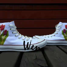 Вэнь дизайн оригинальные окрашены вручную обувь Цветочные тюльпаны женские мужские высокие холщовые кроссовки для подарков