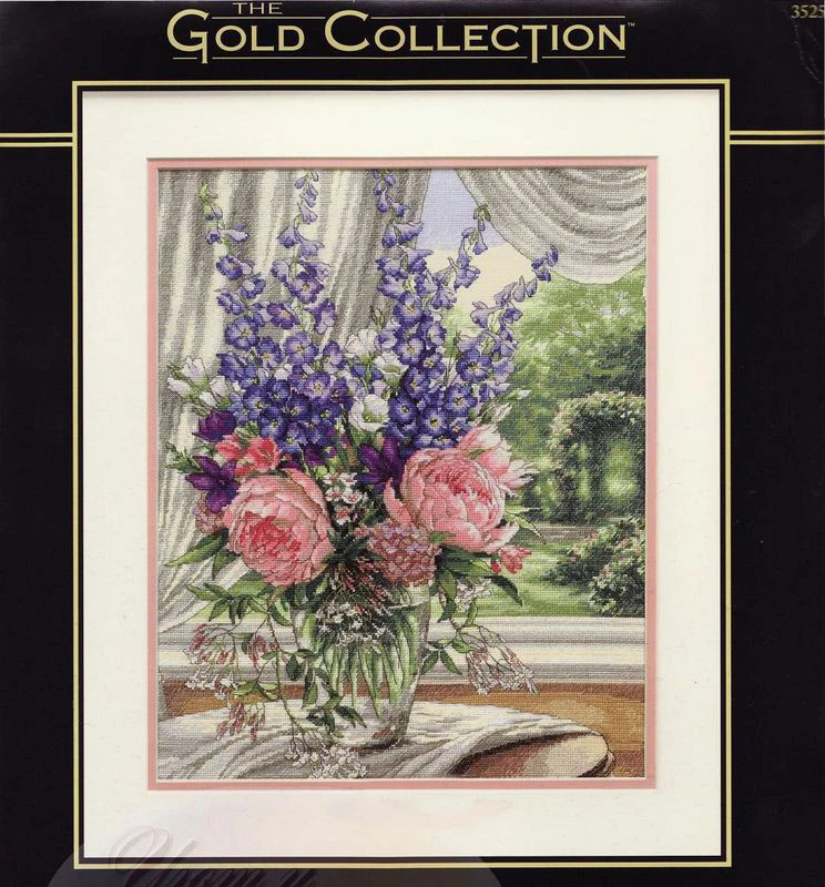CS-1282 cross stitch kit peony and delphinium, Peonies and Delphiniums flowers dim 35257.jpg