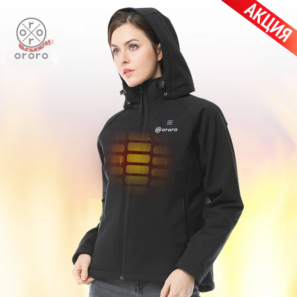 ORORO Womens Heated Jacket Detachable Hood with Battery Black