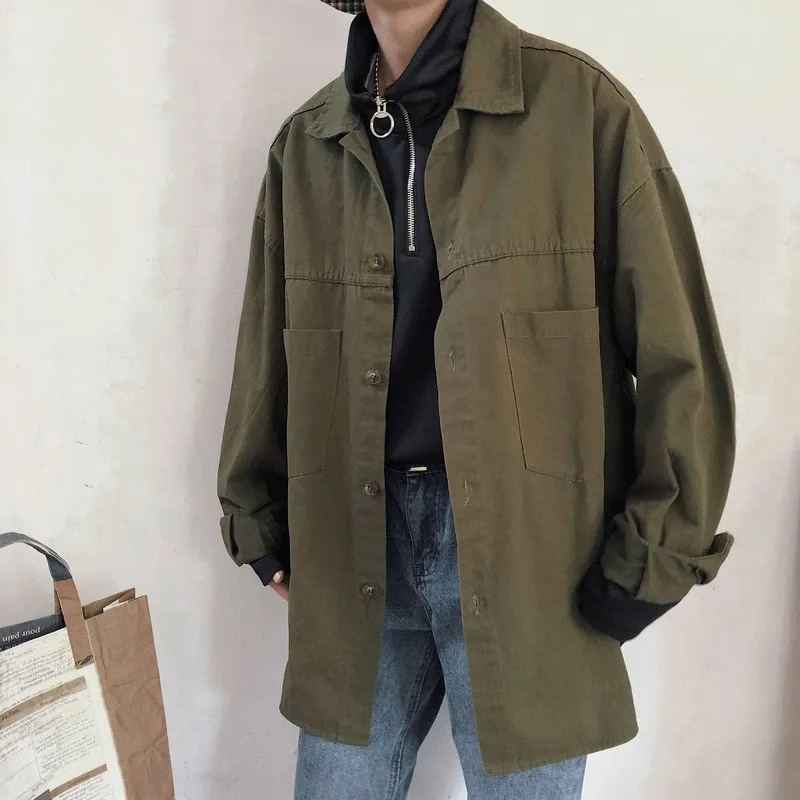 Turn-down Collar Curved Hem Oversized Shirt Men 2018 Autumn High Street Loose Style Men's Shirt Black Green