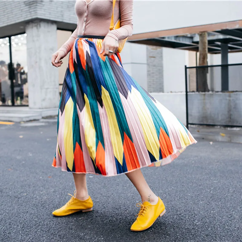Летняя женская плиссированная юбка с завышенной талией контрастная новая Гонконгская стильная ретро модная большая свободная юбка большого размера плиссированная юбка