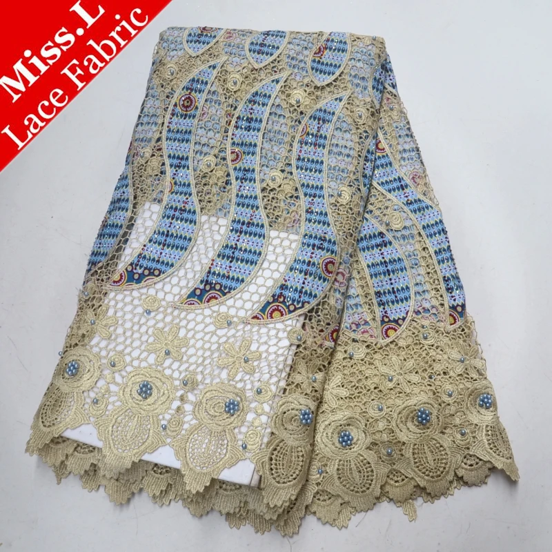 

Popular design High quality Water soluble lace fabric Embroidery with Beads and Stones African Wax Lace fabric 5 yards For Women