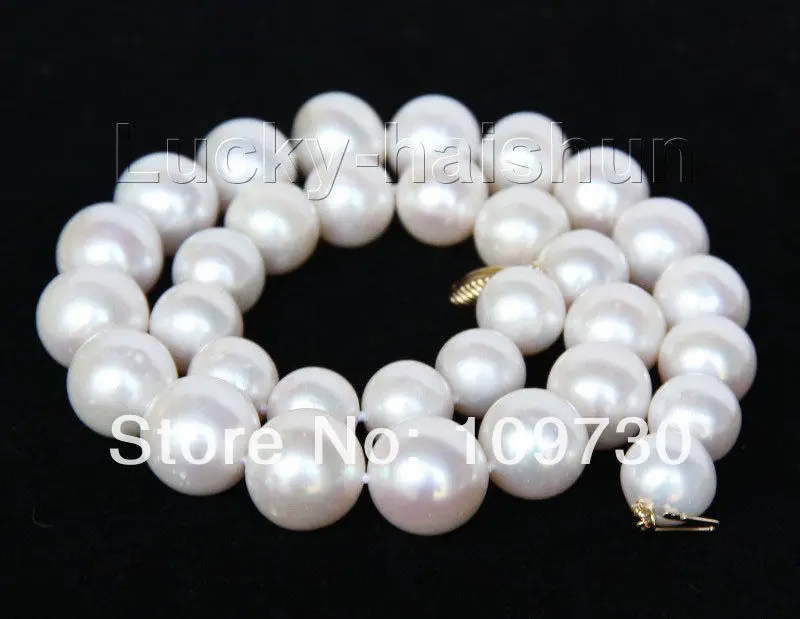 

Jewelry 002545 AAA natural 17" 15mm round white FW pearls necklace 14KGP gold clasp