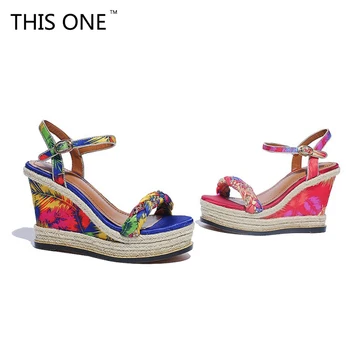 

THIS ONE NEW women summer Embroidered platform shoes blue red Print applique supper high heel wedge elegant sandals