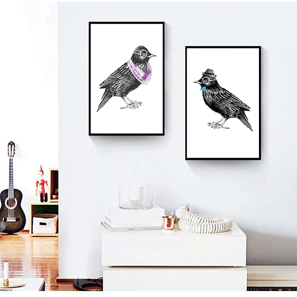 ihomemall Nordic Black White Kawaii birdsPoster Print Modern Abstract