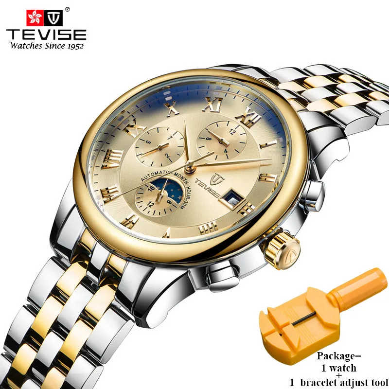 Автоматические механические мужские часы TEVISE, роскошные часы с подсветкой и календарем из нержавеющей стали 9008 - Цвет: gold silver gold