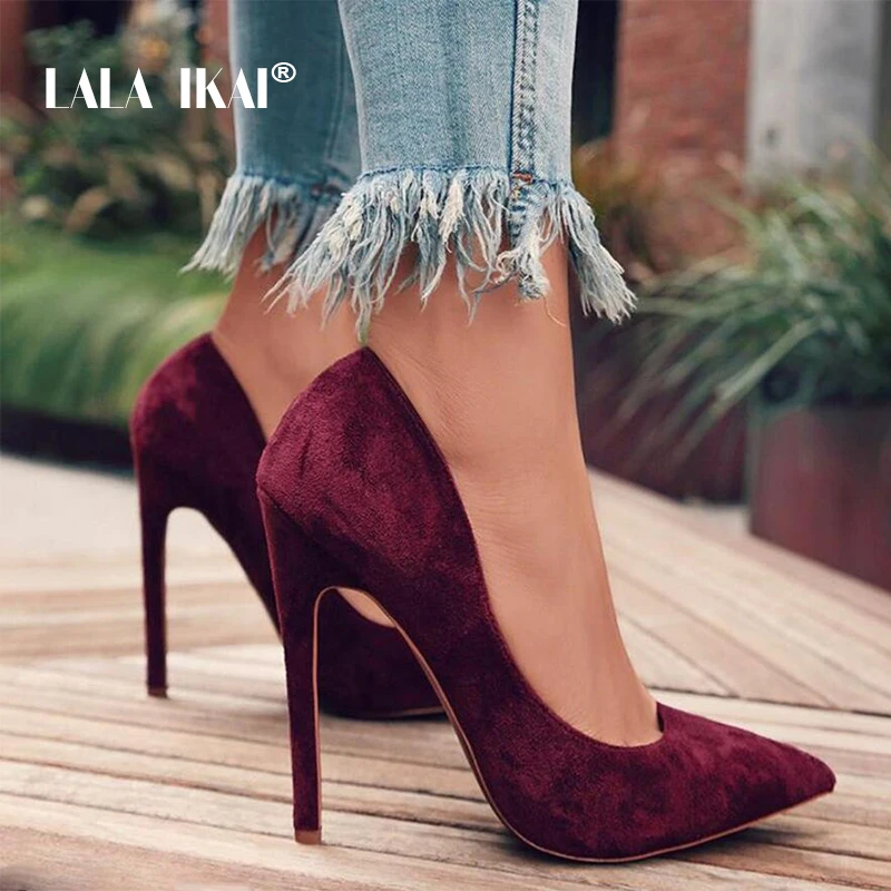 Vente LALA IKAI pompes femmes Chaussures rouge troupeau sans lacet peu profonde fête de mariage bout pointu talons hauts pompe Chaussures Femme 900C1722 4