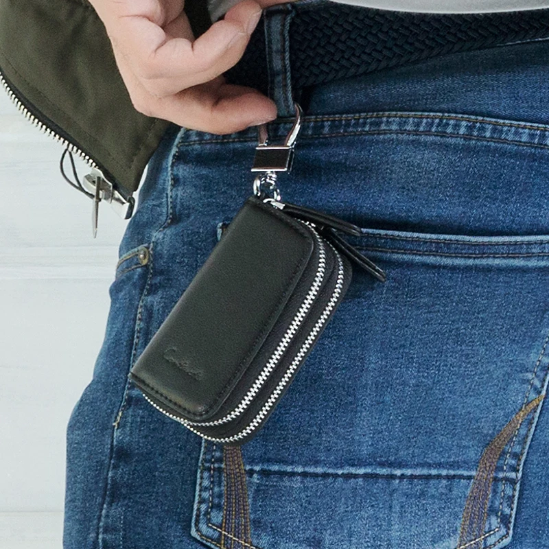 CONTACT'S Classic New Double Zip Men's Genuine Cow Leather Car Key Holder Multifunction Housekeeper  High Class Motor Key Case 6