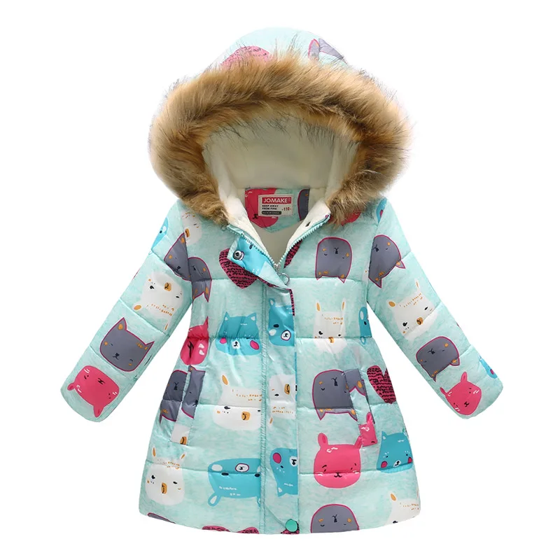 New Girls Warm Down Jackets Cotton Jacket Kids Printed Thick Outerwear Children Clothing Autumn Winter Baby Girls Hooded Coats