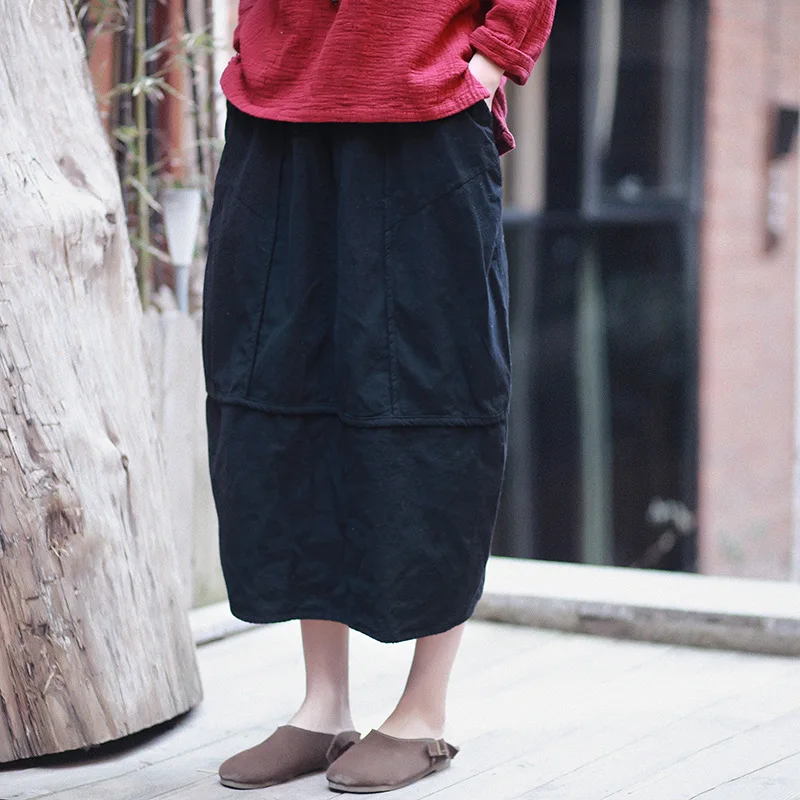 

Johnature Women Skirts Cotton Linen 2019 Spring New Casual 4 Colour Loose Elastic Waist Brief Vintage Bud Patchwork Women Skirt
